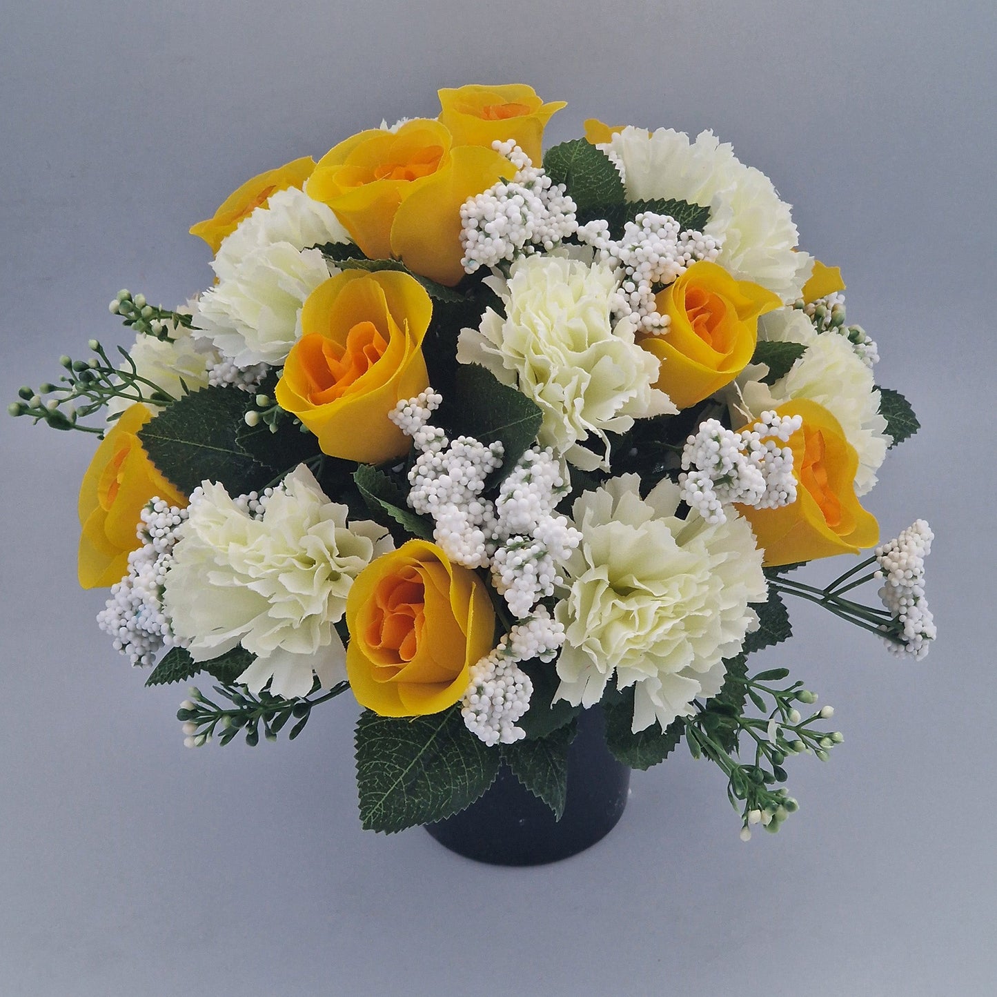 Artificial Silk Flower Arrangement Carnations and Roses Grave Pot. Memorial Tribute - Amor Flowers