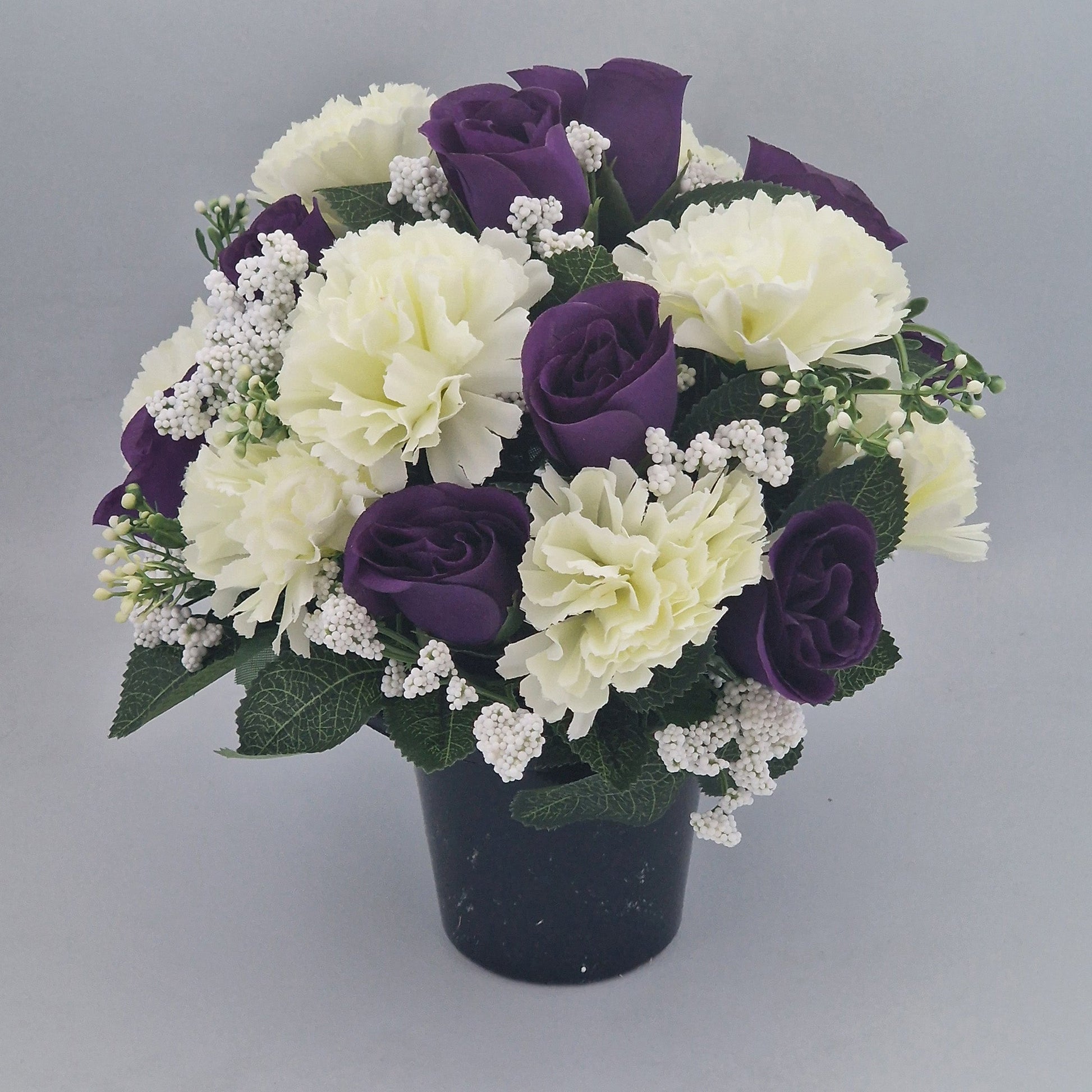 Artificial Silk Flower Arrangement Carnations and Roses Grave Pot. Memorial Tribute - Amor Flowers