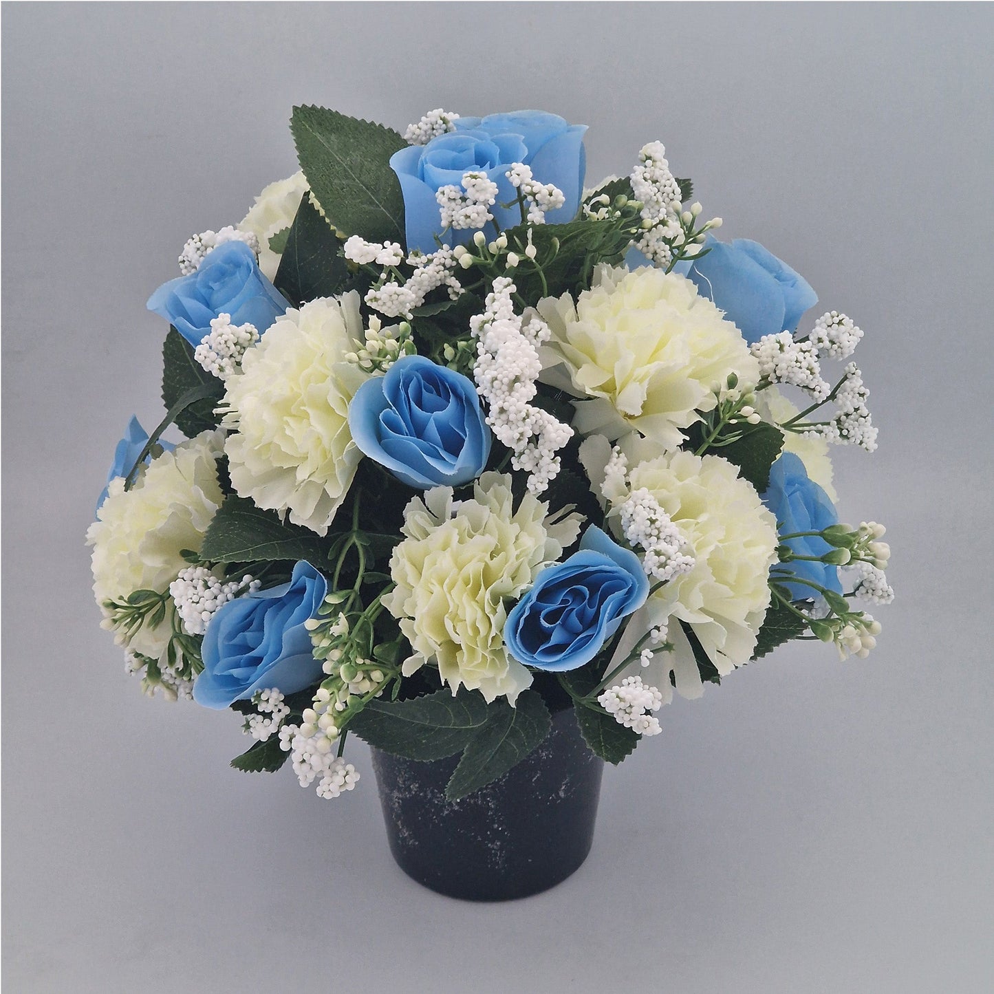 Artificial Silk Flower Arrangement Carnations and Roses Grave Pot. Memorial Tribute - Amor Flowers