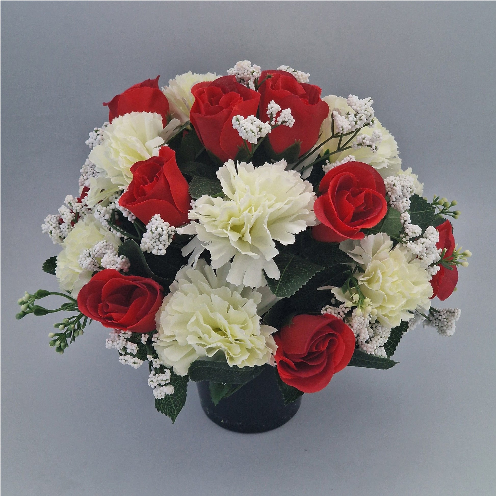 Artificial Silk Flower Arrangement Carnations and Roses Grave Pot. Memorial Tribute - Amor Flowers