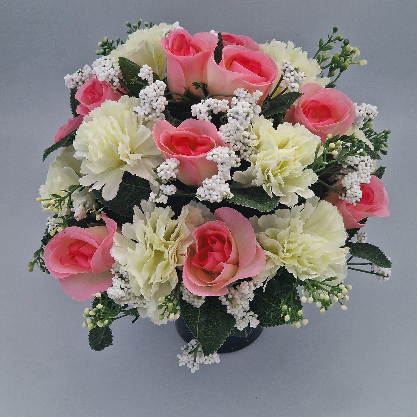 Artificial Silk Flower Arrangement Carnations and Roses Grave Pot. Memorial Tribute - Amor Flowers