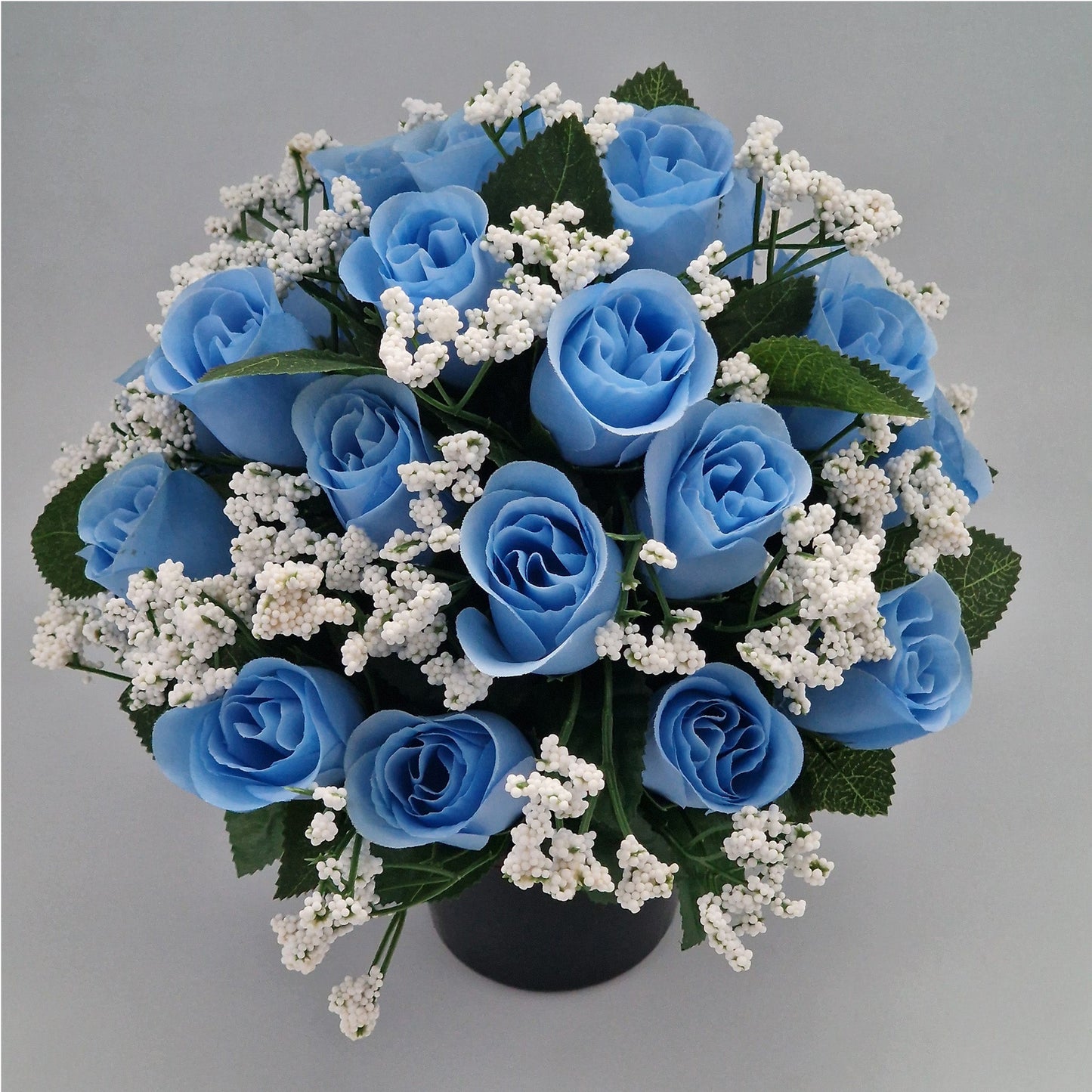 Beautiful Rose Bud & Gypsophila Arrangement Artificial Flower Pot for Grave in Blue - Amor Flowers