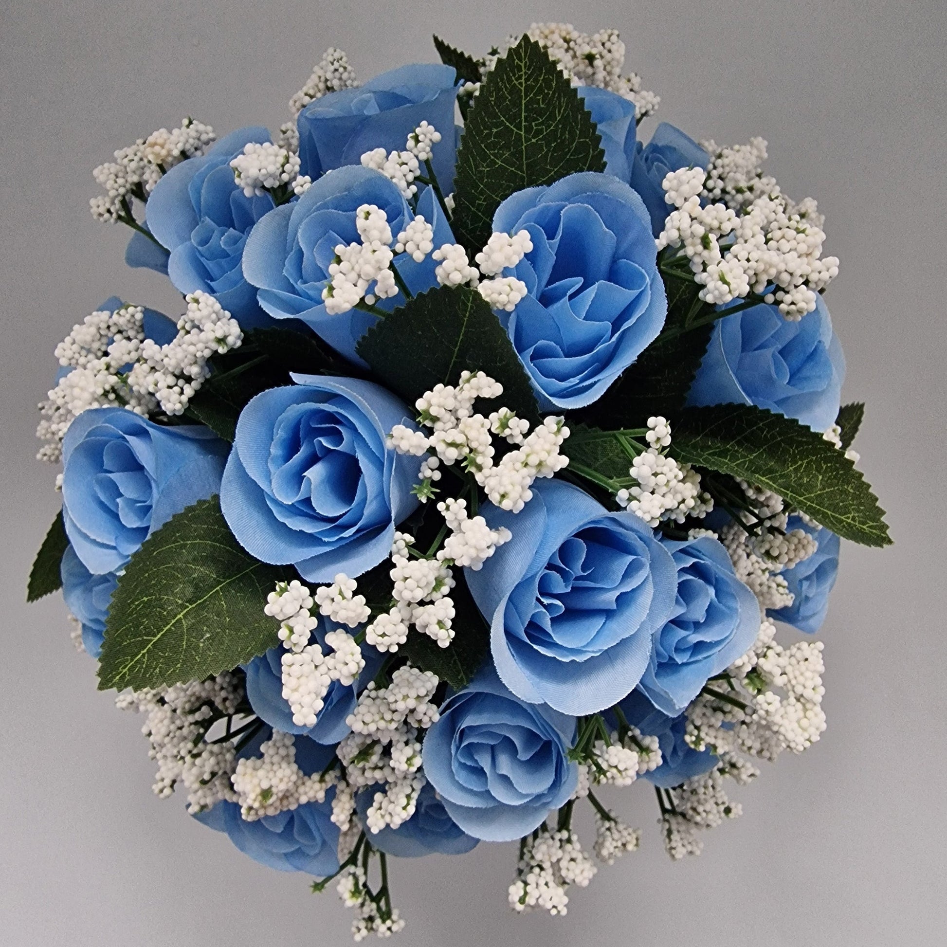 Beautiful Rose Bud & Gypsophila Arrangement Artificial Flower Pot for Grave in Blue - Amor Flowers