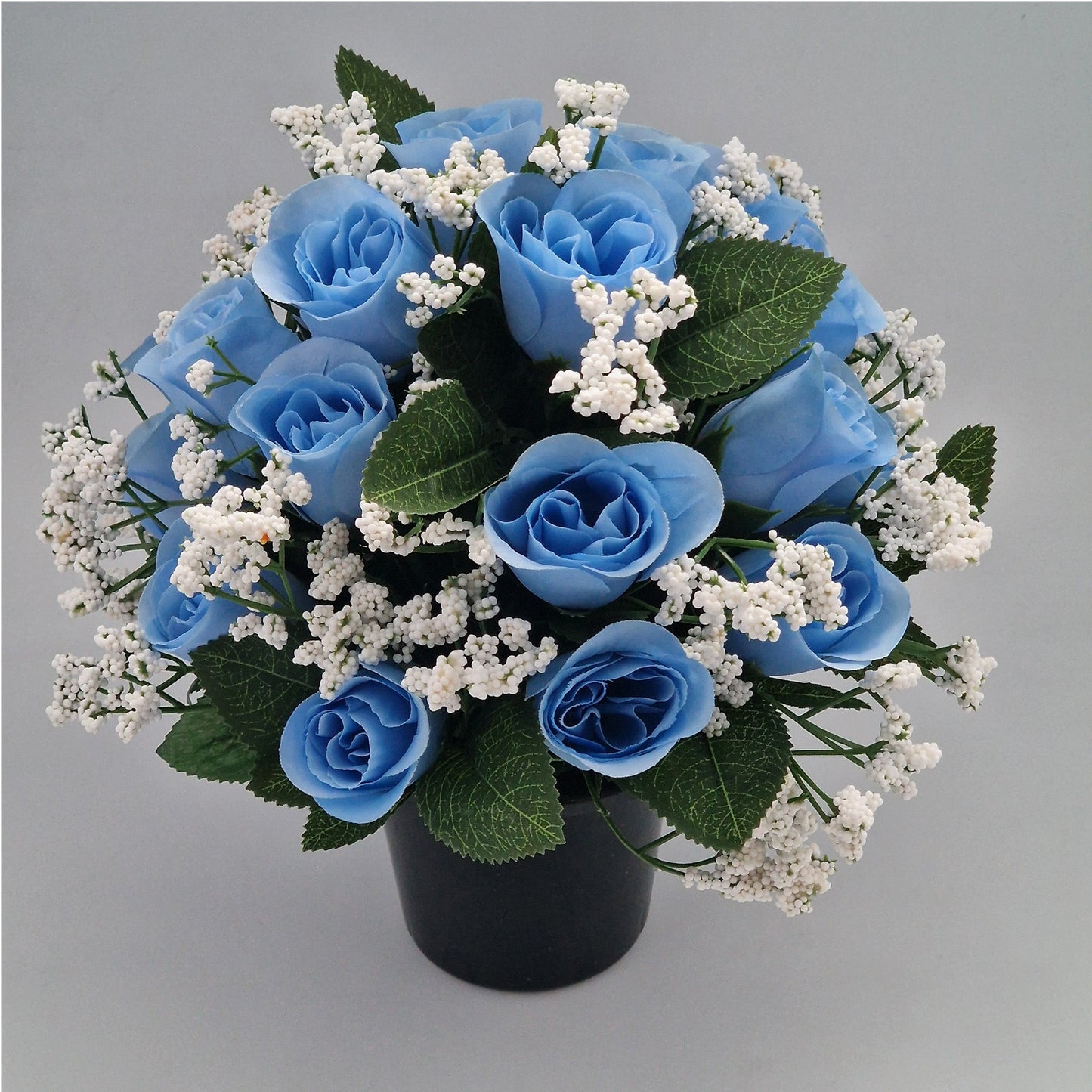 Beautiful Rose Bud & Gypsophila Arrangement Artificial Flower Pot for Grave in Blue - Amor Flowers