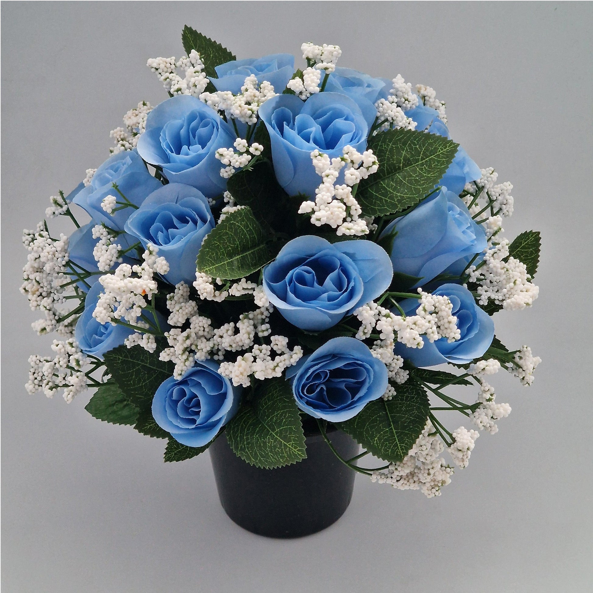 Beautiful Rose Bud & Gypsophila Arrangement Artificial Flower Pot for Grave in Blue - Amor Flowers