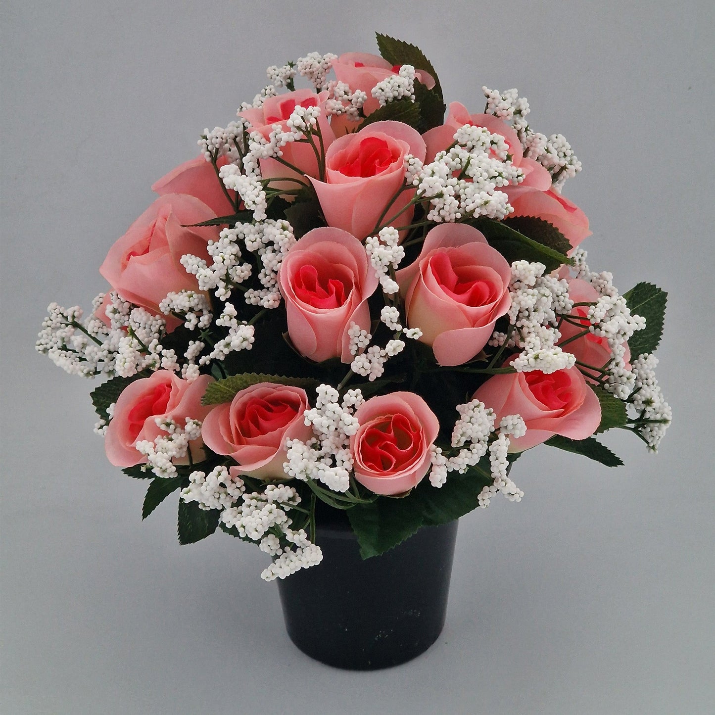 Beautiful Rose Bud & Gypsophila Arrangement Artificial Flower Pot for Grave in Pink - Amor Flowers