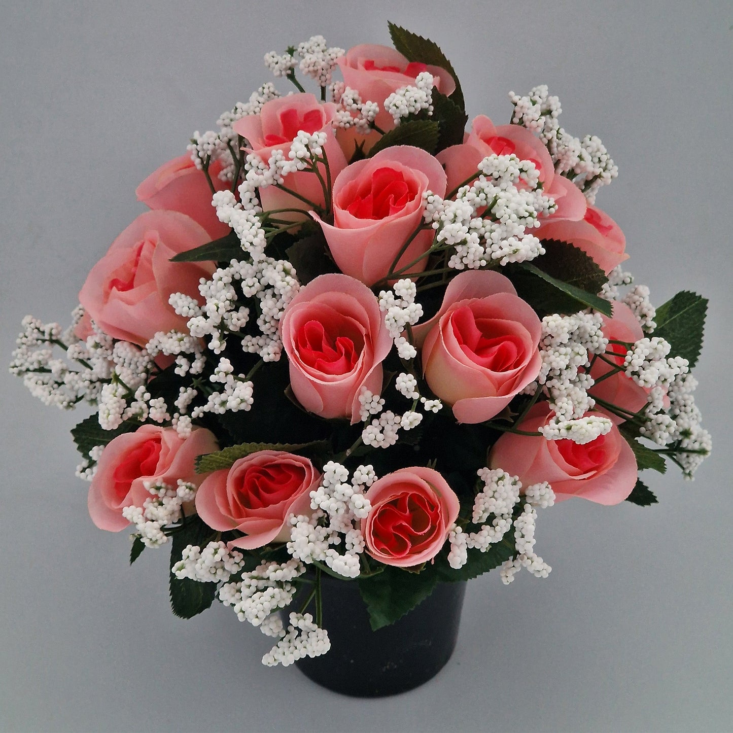 Beautiful Rose Bud & Gypsophila Arrangement Artificial Flower Pot for Grave in Pink - Amor Flowers