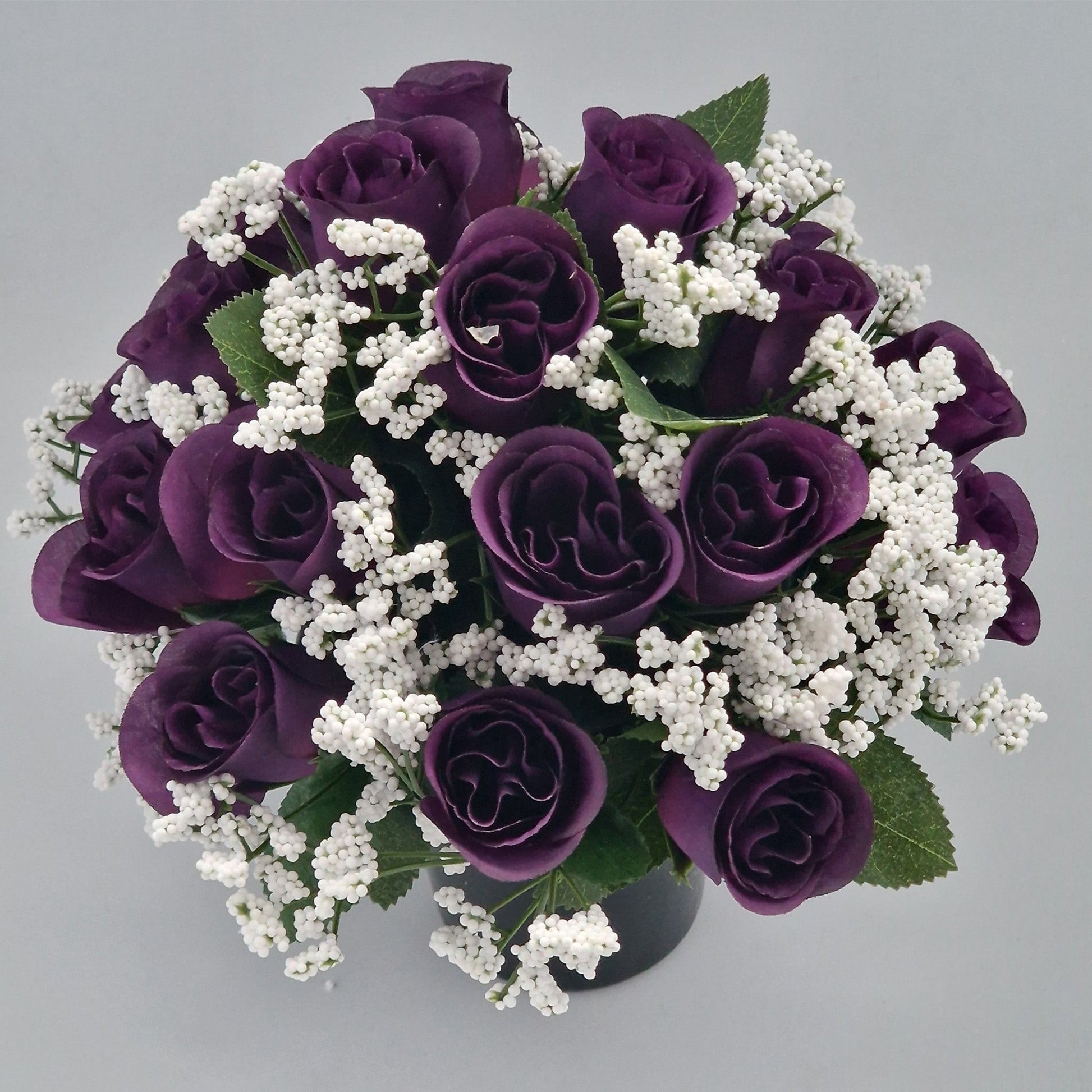 Beautiful Rose Bud & Gypsophila Arrangement Artificial Flower Pot for Grave in Purple - Amor Flowers