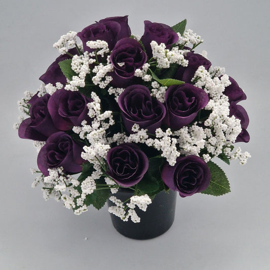 Beautiful Rose Bud & Gypsophila Arrangement Artificial Flower Pot for Grave in Purple - Amor Flowers