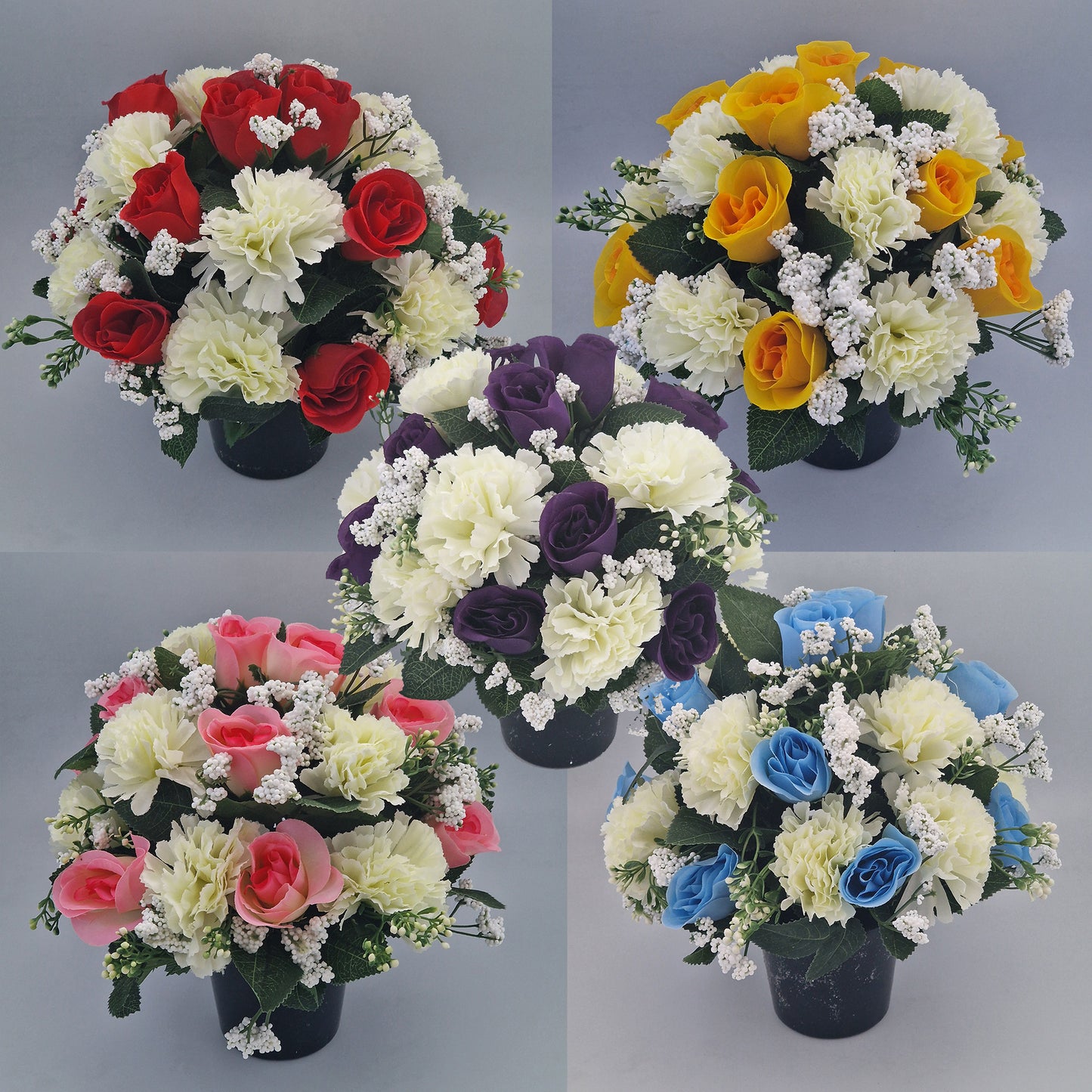 Artificial Silk Flower Arrangement Carnations and Roses Grave Pot. Memorial Tribute