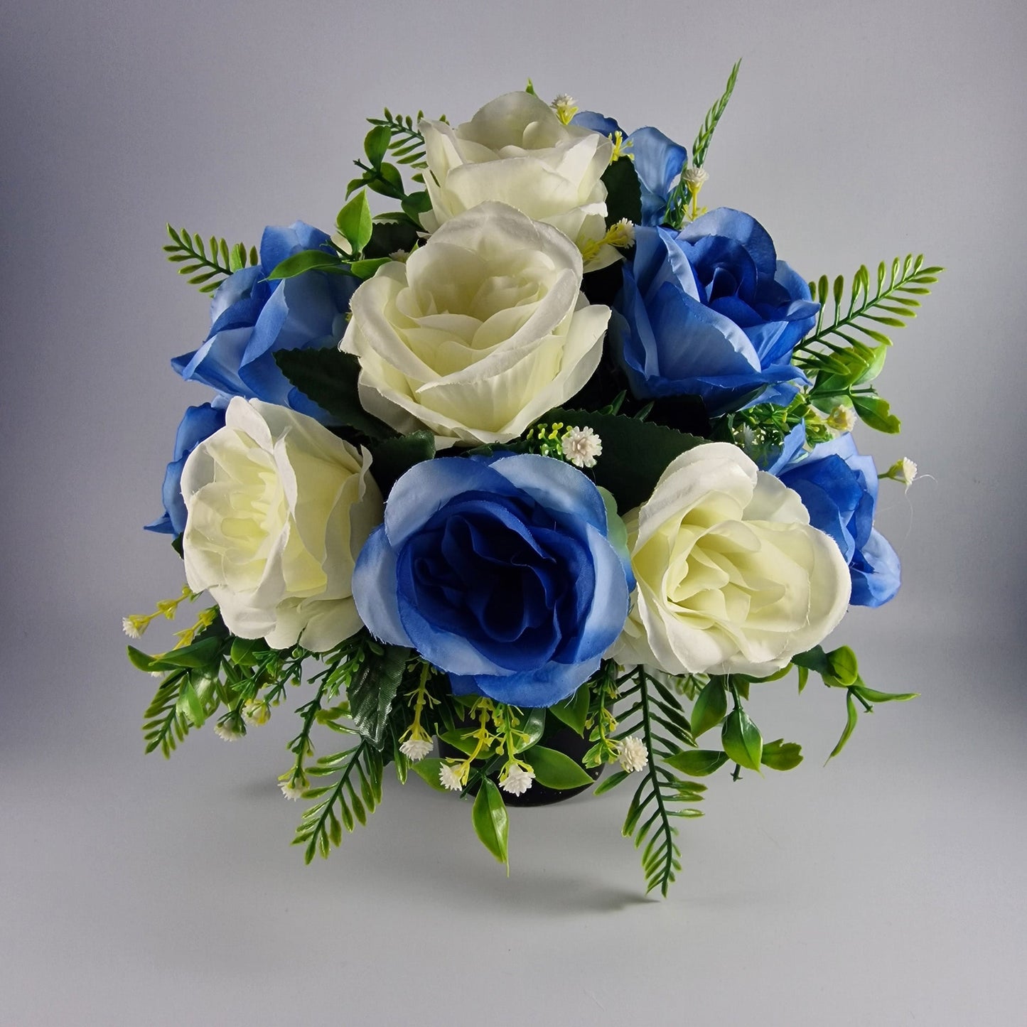 Artificial Silk Flower Arrangement Blue Open Rose Grave pot. Memorial Tribute - Amor Flowers