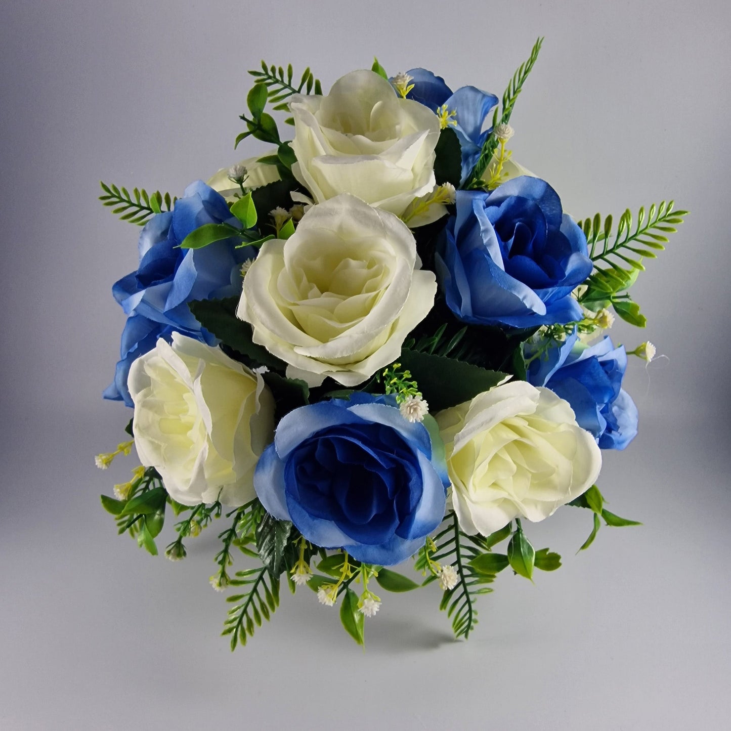 Artificial Silk Flower Arrangement Blue Open Rose Grave pot. Memorial Tribute - Amor Flowers