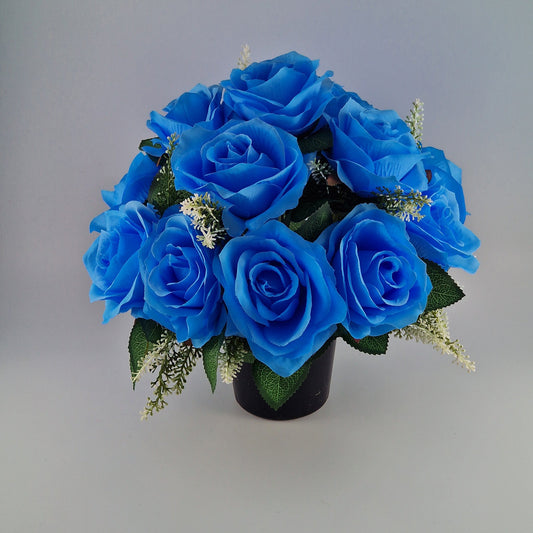 Artificial Silk Flower Arrangement Blue Open Rose Grave Pot. Memorial Tribute - Amor Flowers