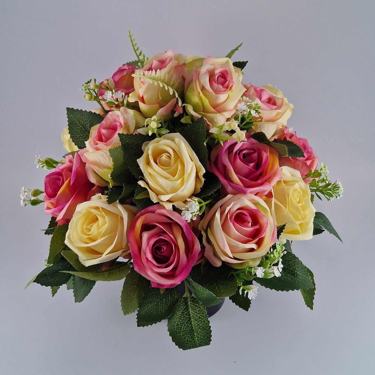 Artificial Silk Flower Arrangement Open Rose Pink & Cream Mix Grave Pot. Memorial Tribute - Amor Flowers