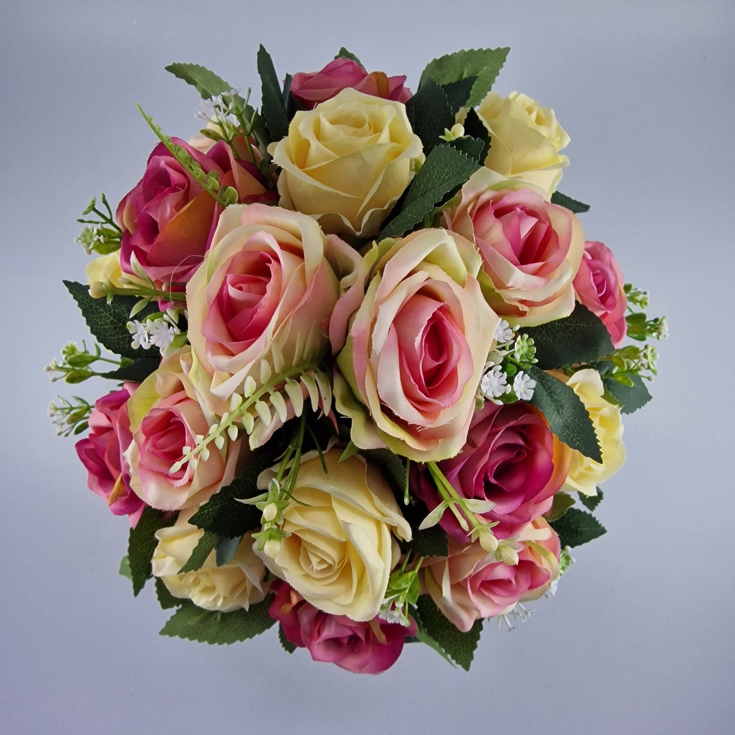 Artificial Silk Flower Arrangement Open Rose Pink & Cream Mix Grave Pot. Memorial Tribute - Amor Flowers