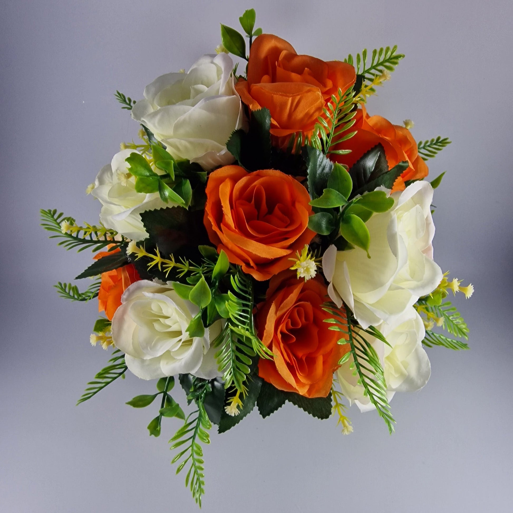 Artificial Silk Flower Arrangement Orange Open Rose Grave pot. Memorial Tribute - Amor Flowers