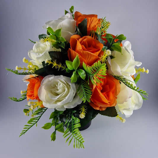 Artificial Silk Flower Arrangement Orange Open Rose Grave pot. Memorial Tribute - Amor Flowers