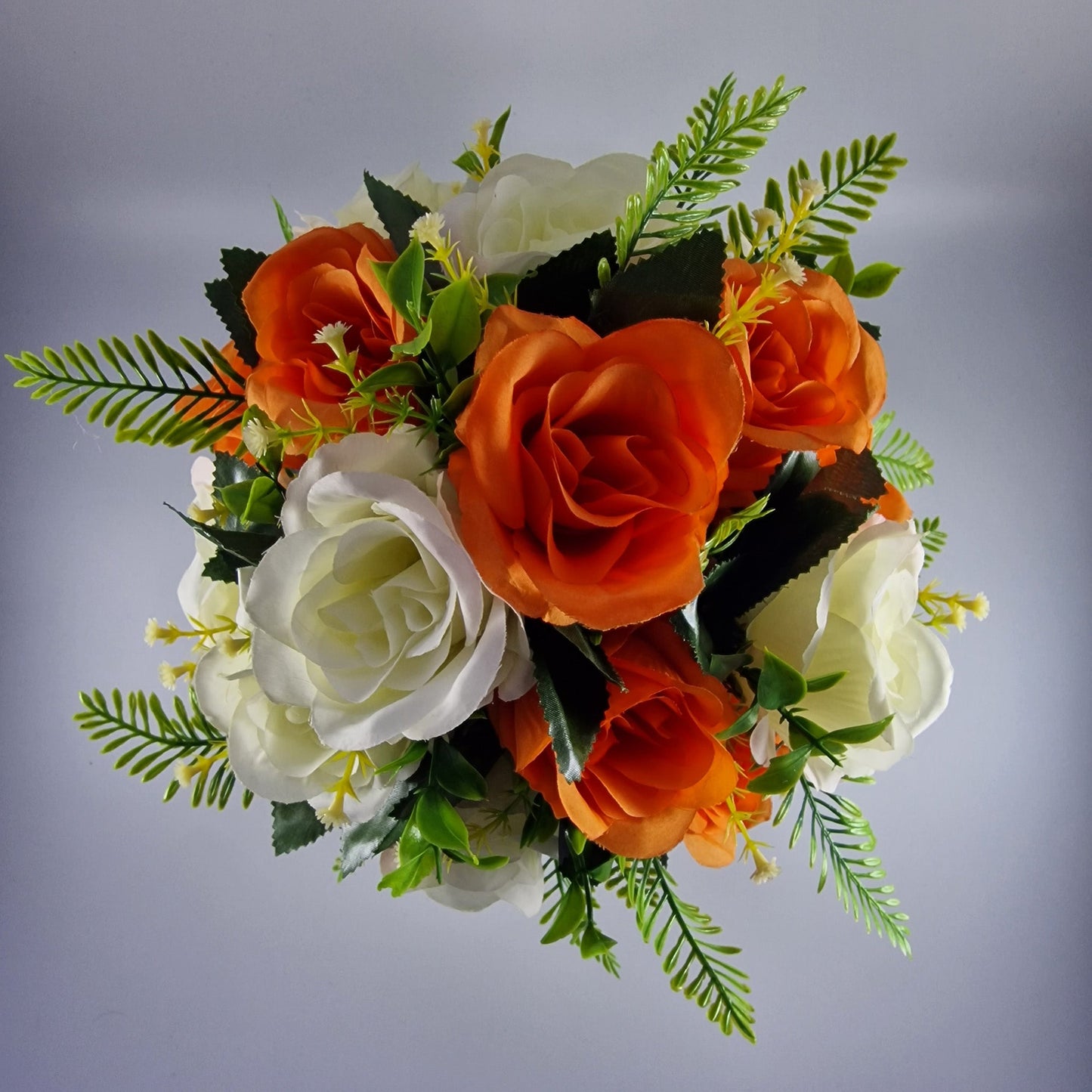 Artificial Silk Flower Arrangement Orange Open Rose Grave pot. Memorial Tribute - Amor Flowers