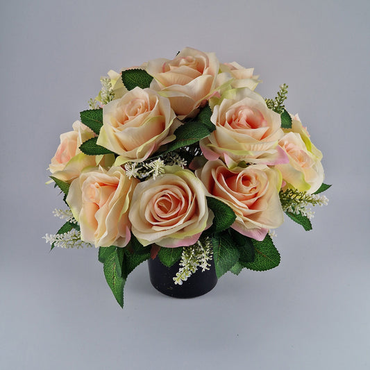 Artificial Silk Flower Arrangement Peach Open Rose Grave Pot. Memorial Tribute - Amor Flowers