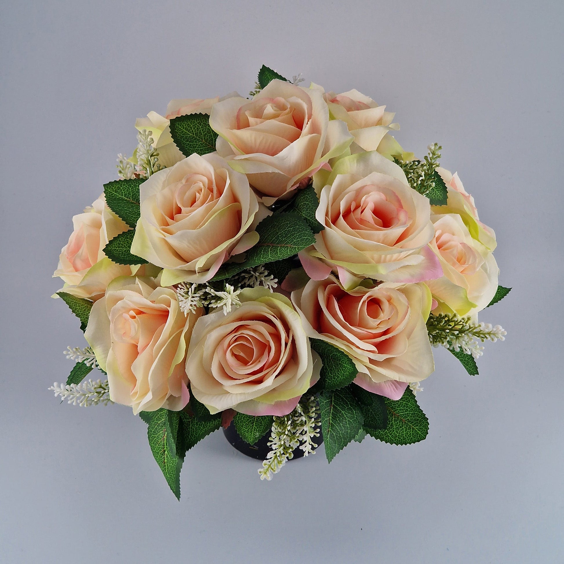 Artificial Silk Flower Arrangement Peach Open Rose Grave Pot. Memorial Tribute - Amor Flowers