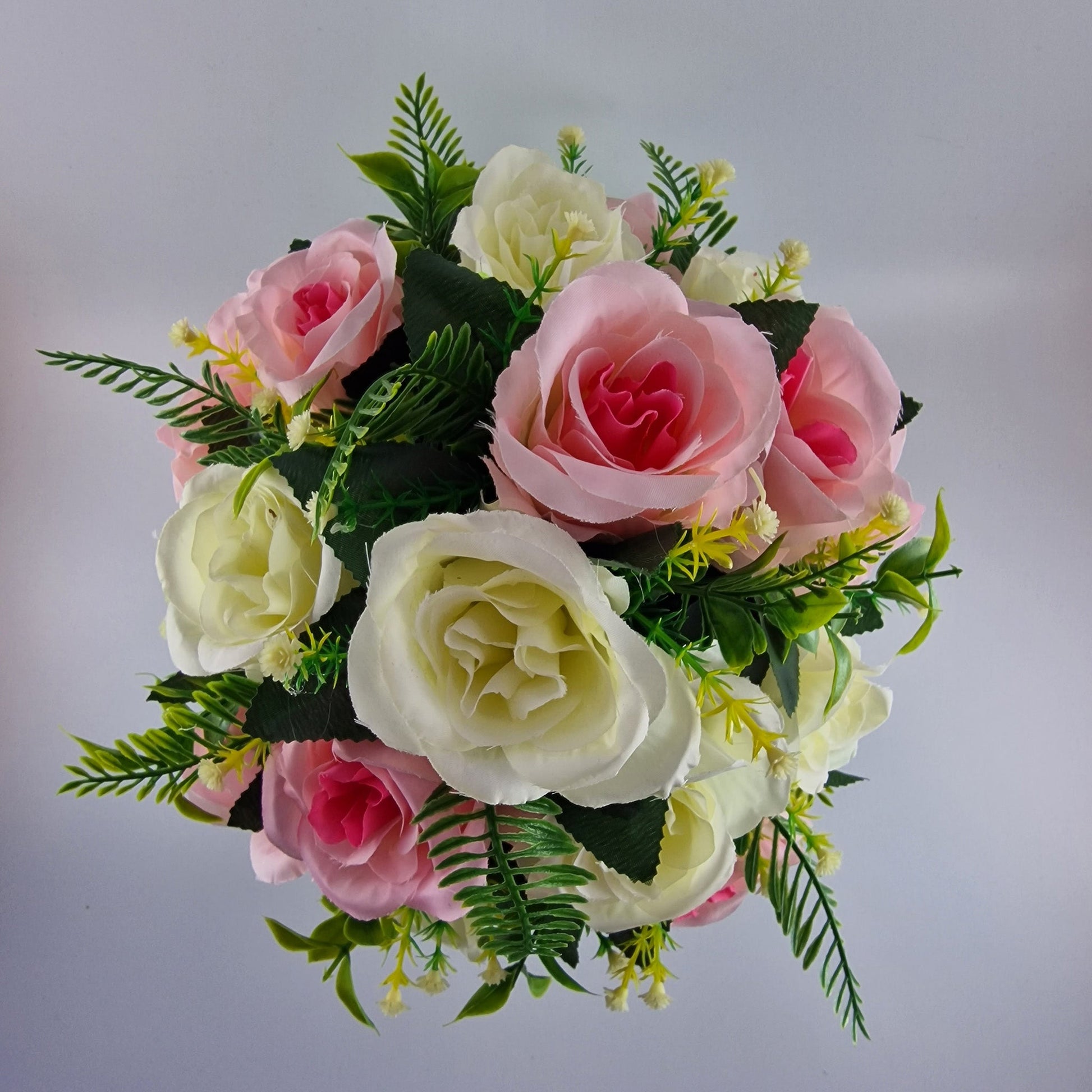 Artificial Silk Flower Arrangement Pink Open Rose Grave pot. Memorial Tribute - Amor Flowers