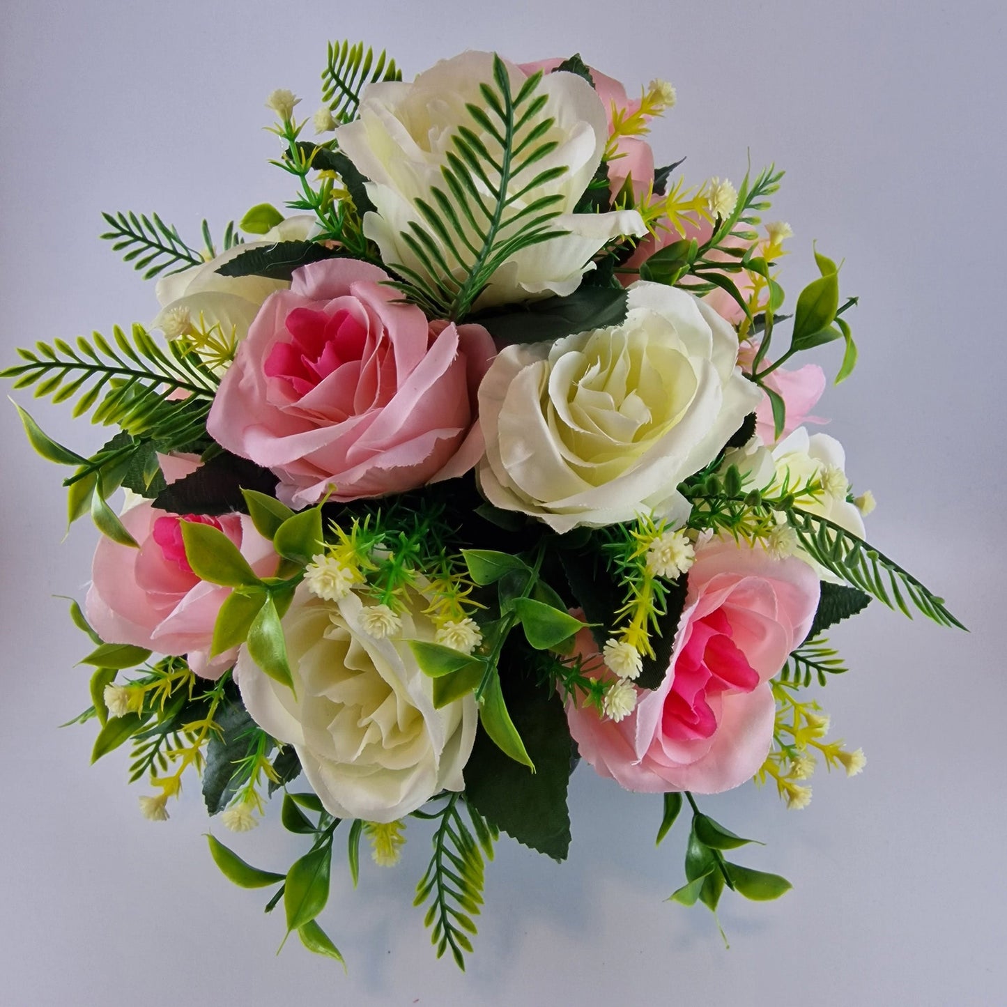 Artificial Silk Flower Arrangement Pink Open Rose Grave pot. Memorial Tribute - Amor Flowers