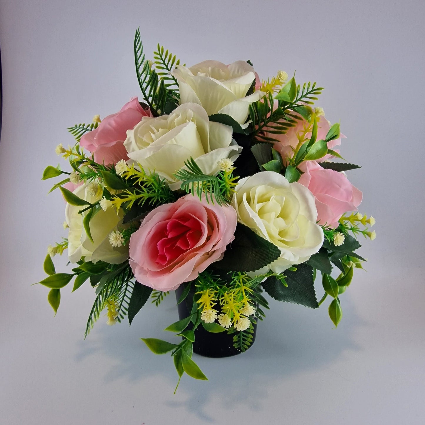 Artificial Silk Flower Arrangement Pink Open Rose Grave pot. Memorial Tribute - Amor Flowers