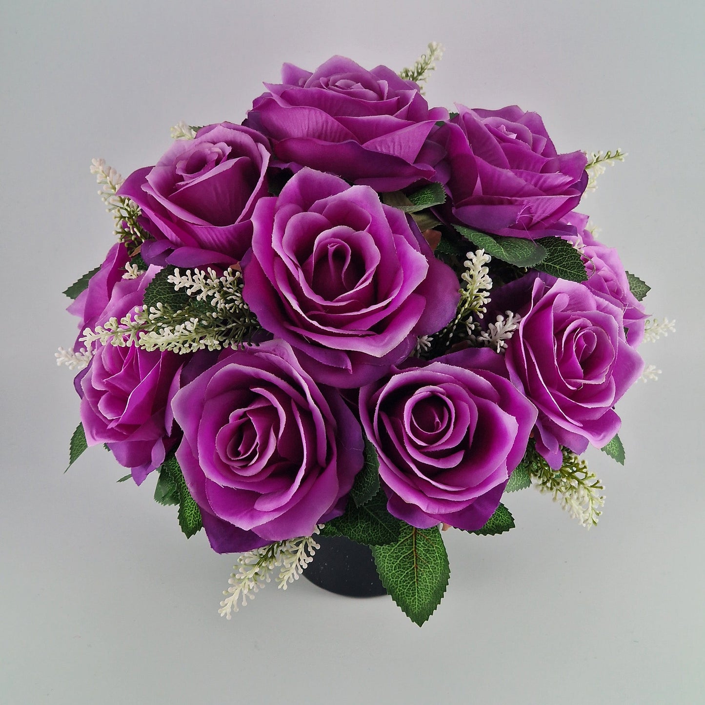 Artificial Silk Flower Arrangement Purple Open Rose Grave Pot. Memorial Tribute - Amor Flowers