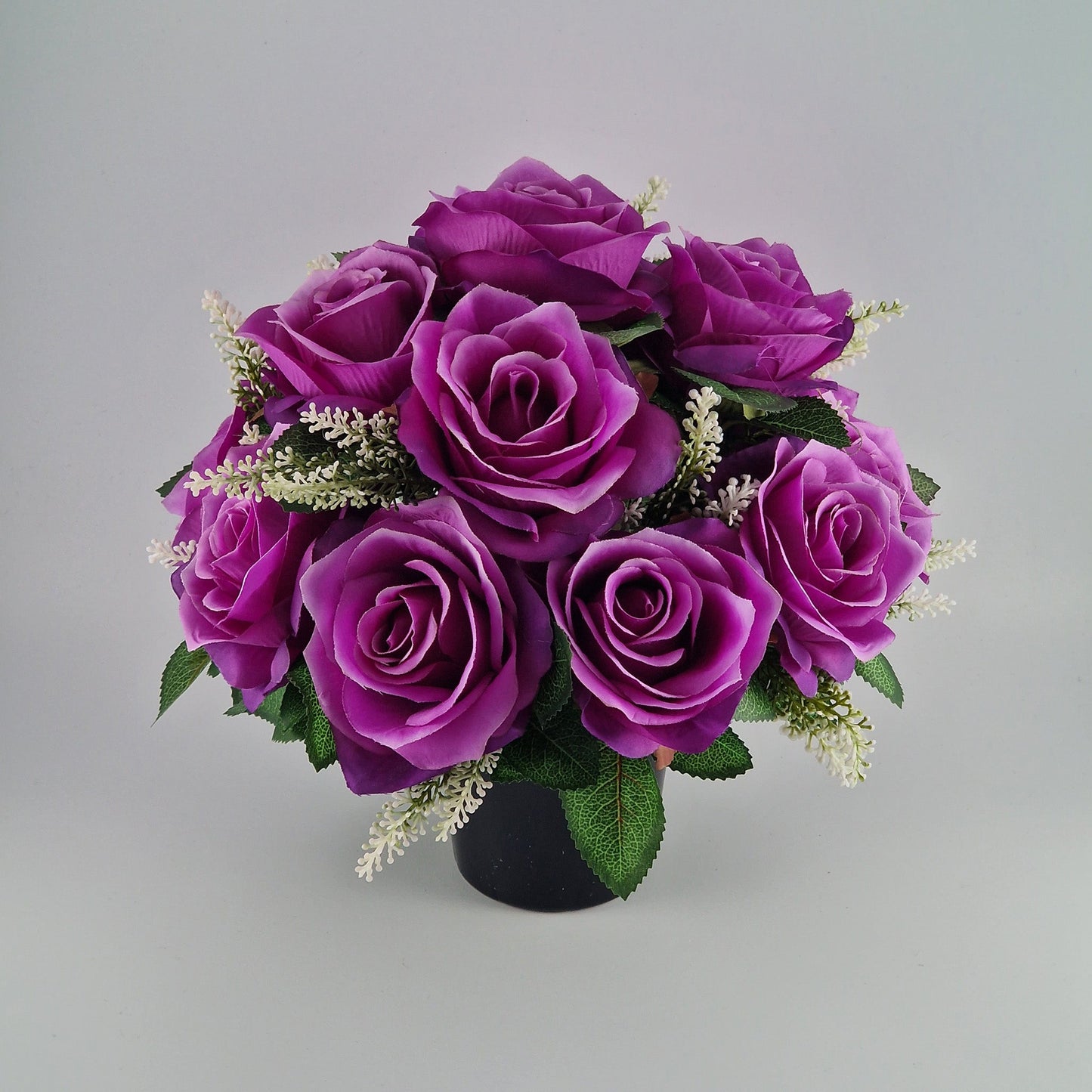 Artificial Silk Flower Arrangement Purple Open Rose Grave Pot. Memorial Tribute - Amor Flowers