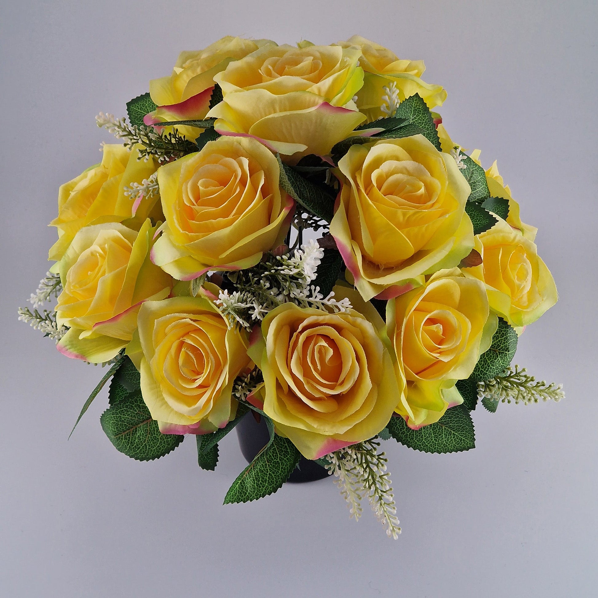 Artificial Silk Flower Arrangement Yellow Open Rose Grave Pot. Memorial Tribute - Amor Flowers