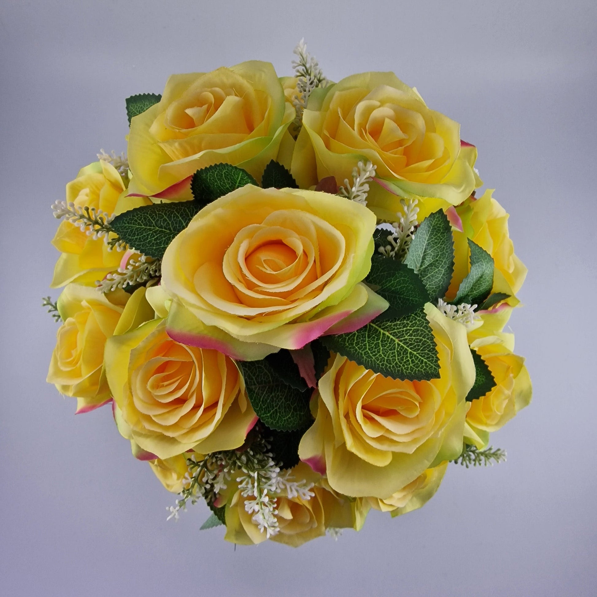 Artificial Silk Flower Arrangement Yellow Open Rose Grave Pot. Memorial Tribute - Amor Flowers