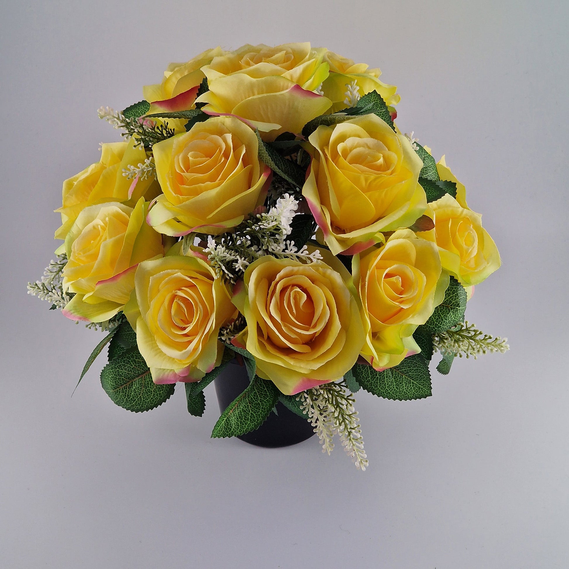 Artificial Silk Flower Arrangement Yellow Open Rose Grave Pot. Memorial Tribute - Amor Flowers