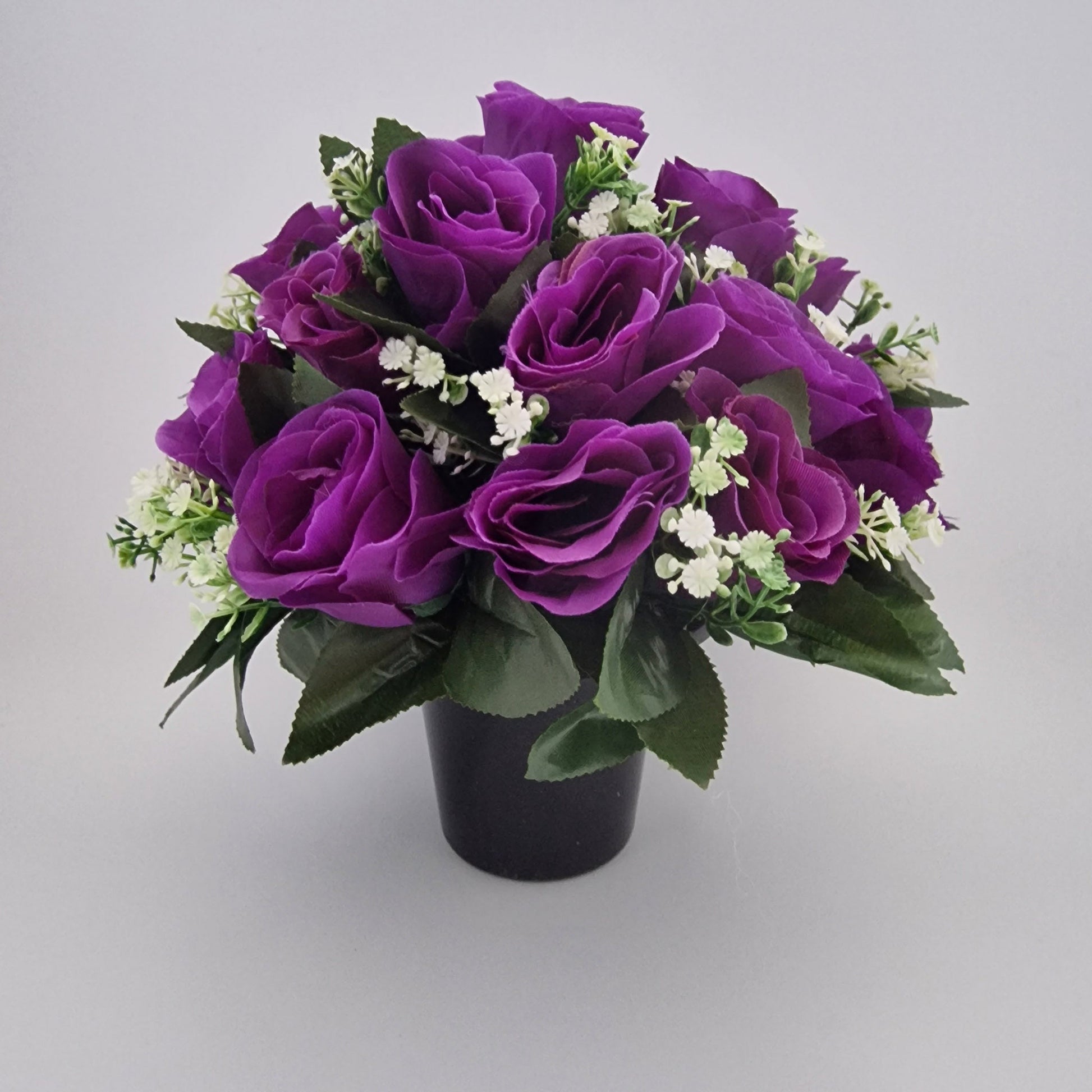 Artificial Silk flower Grave Arrangement in Memorial Crem pot - 24 Purple Rose Heads - Amor Flowers