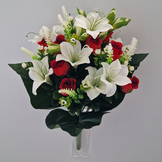 Easter Cream Lilly & Red Rose Bud Bush with Astilbe & Foliage - Amor Flowers