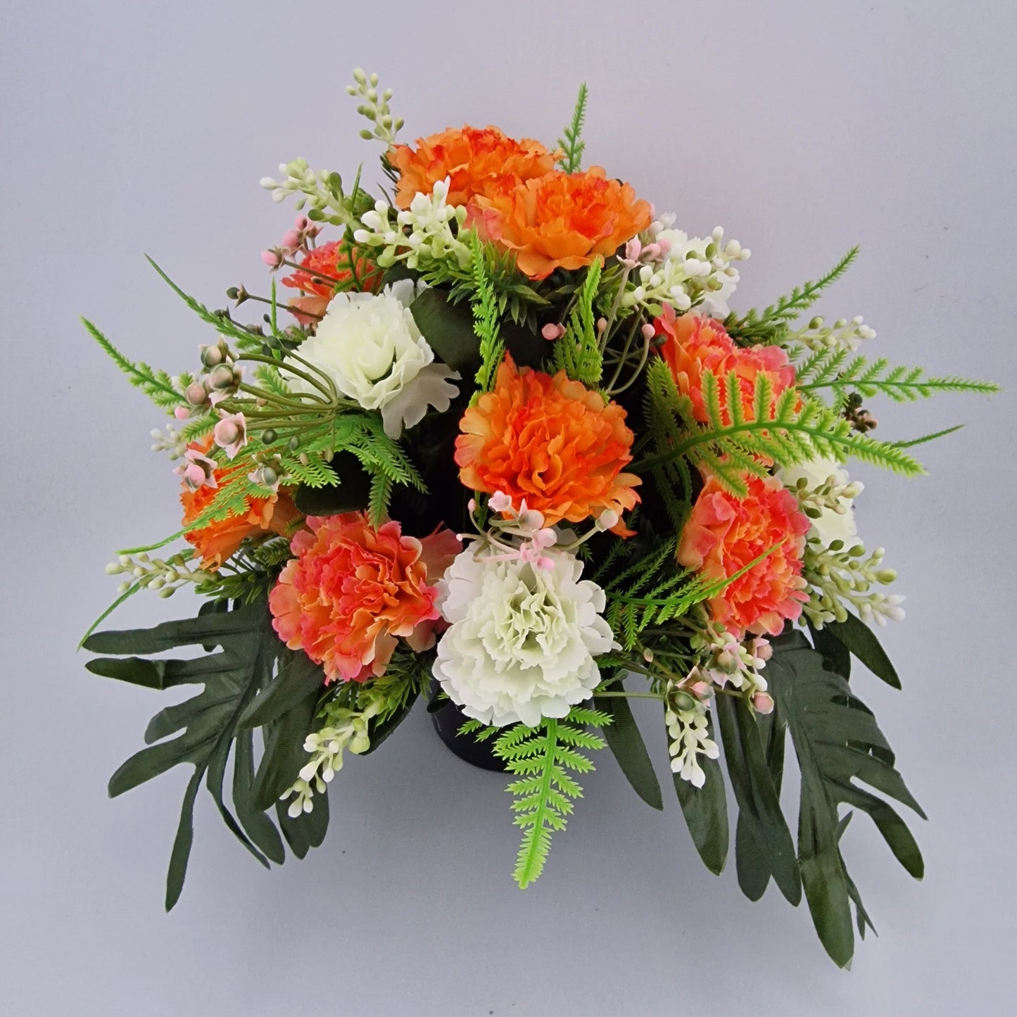 Grave Memorial Pot With Carnation with Fern & Berries Grave Arrangement Orange - Amor Flowers