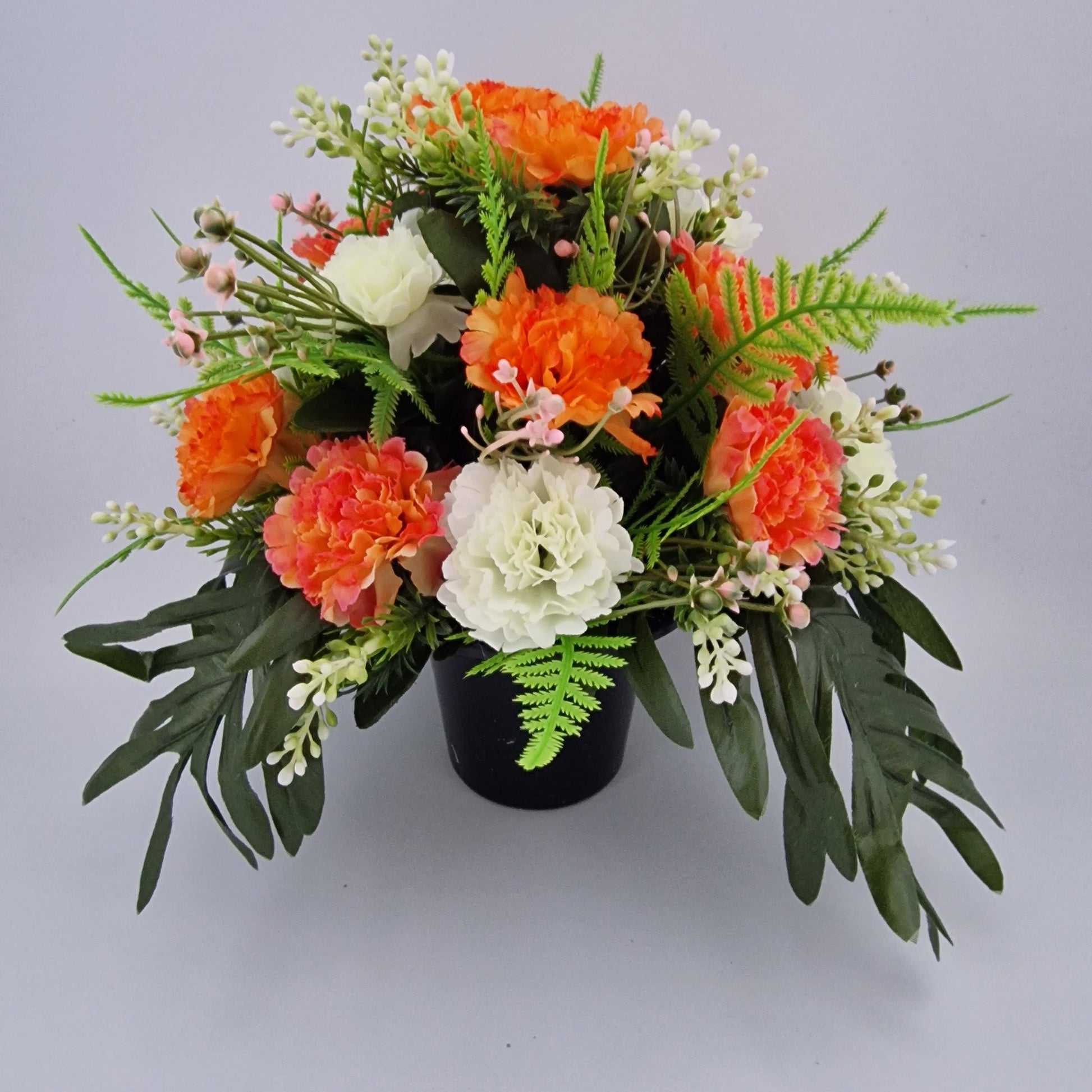 Grave Memorial Pot With Carnation with Fern & Berries Grave Arrangement Orange - Amor Flowers