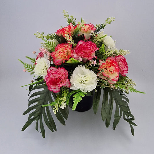 Grave Memorial Pot With Carnation with Fern & Berries Grave Arrangement/ Pink - Amor Flowers