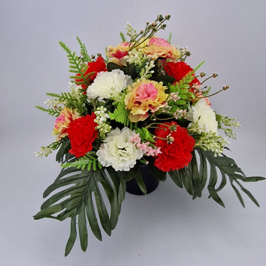 Grave Memorial Pot With Carnation with Fern & Berries Grave Arrangement Red - Amor Flowers