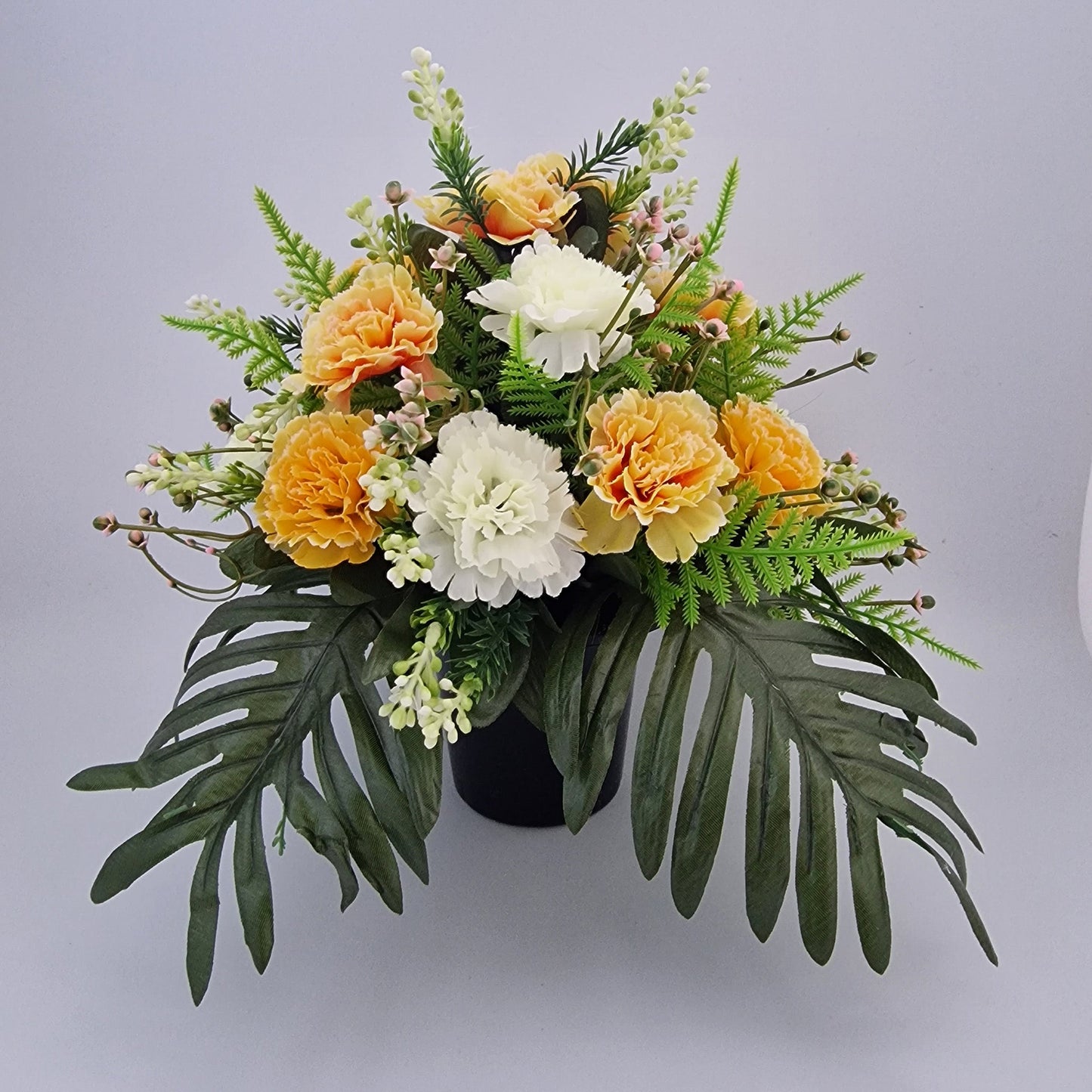 Grave Memorial Pot With Carnation with Fern & Berries Grave Arrangement/ Yellow - Amor Flowers