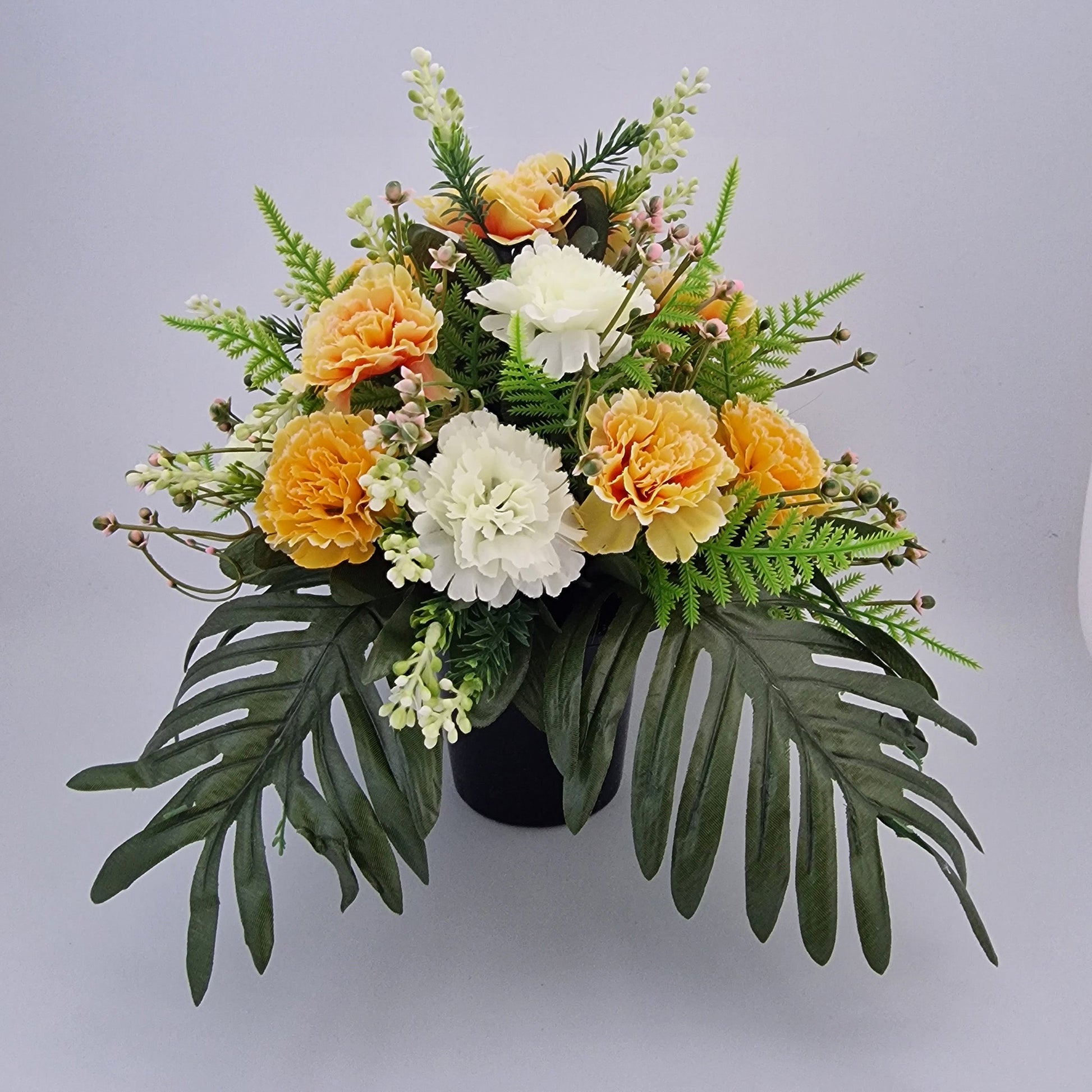 Grave Memorial Pot With Carnation with Fern & Berries Grave Arrangement/ Yellow - Amor Flowers