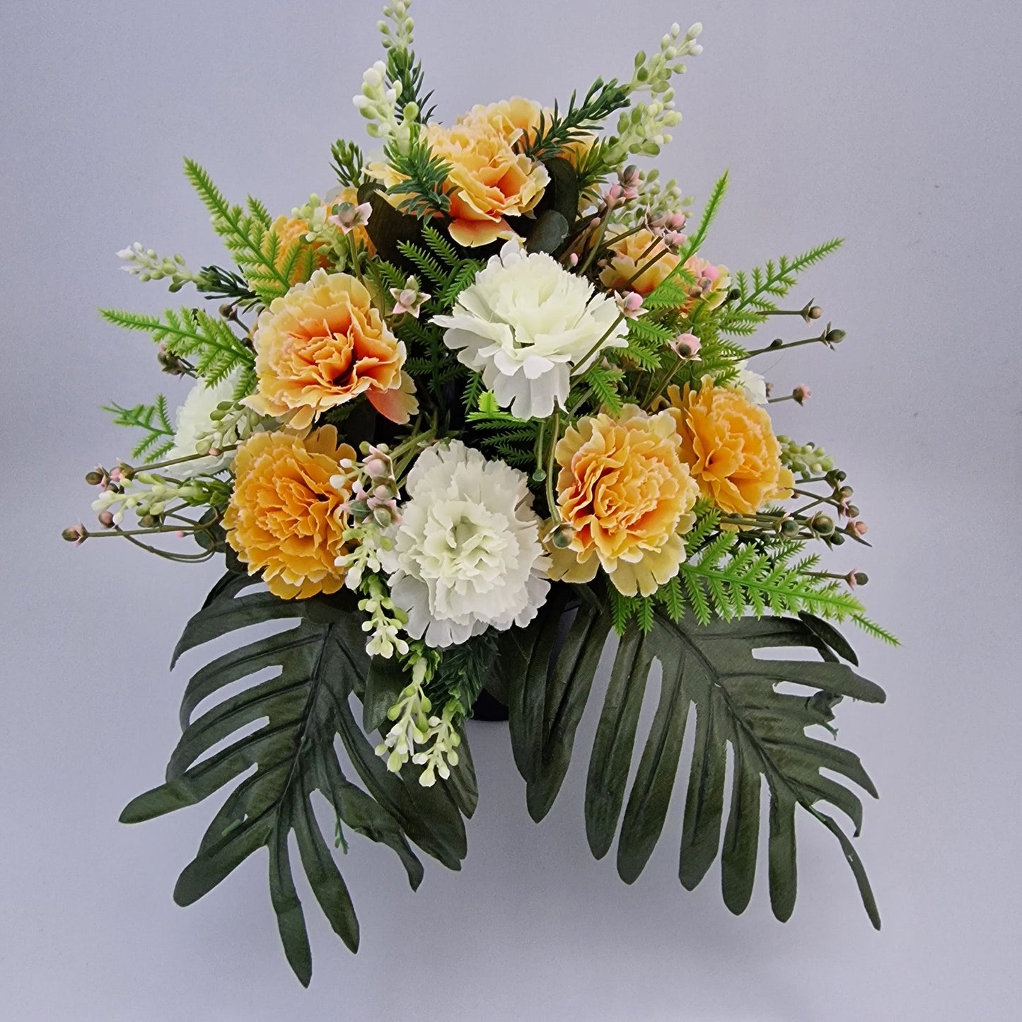 Grave Memorial Pot With Carnation with Fern & Berries Grave Arrangement/ Yellow - Amor Flowers