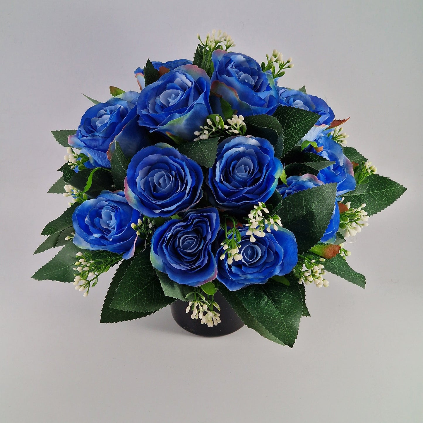 Grave Pot With Luxury Artificial Open Rose Memorial Pot- Blue - Amor Flowers