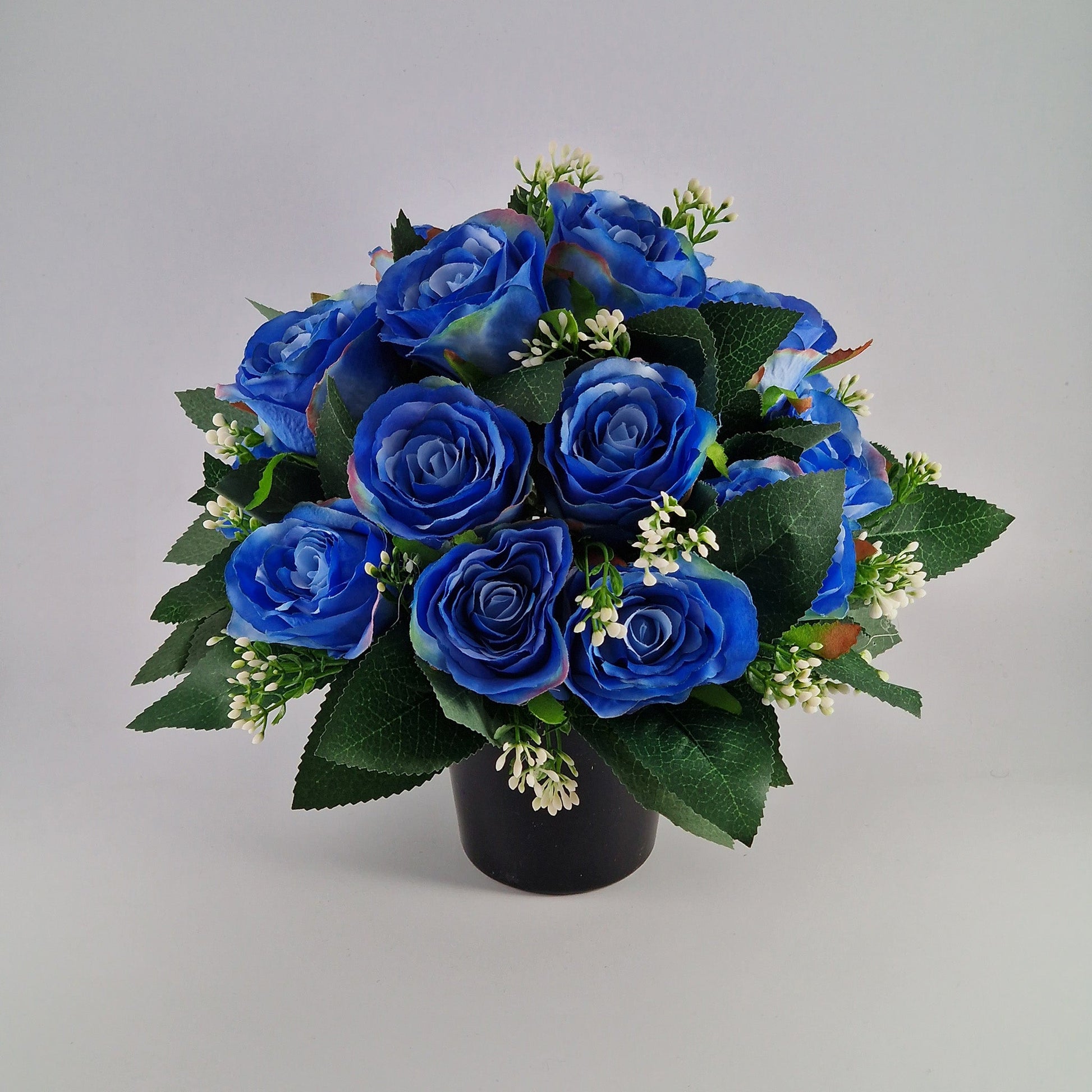 Grave Pot With Luxury Artificial Open Rose Memorial Pot- Blue - Amor Flowers