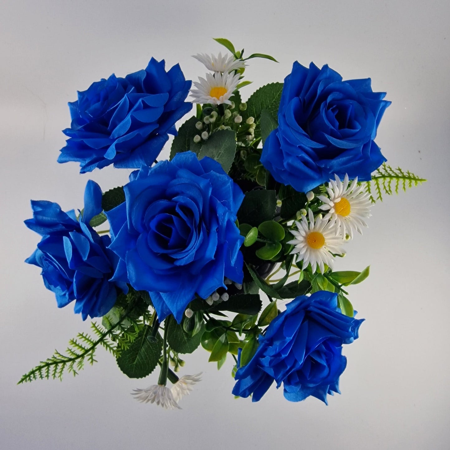 Memorial Grave Cemetery Pot with Blue Roses, Daisies and Foliage - Amor Flowers