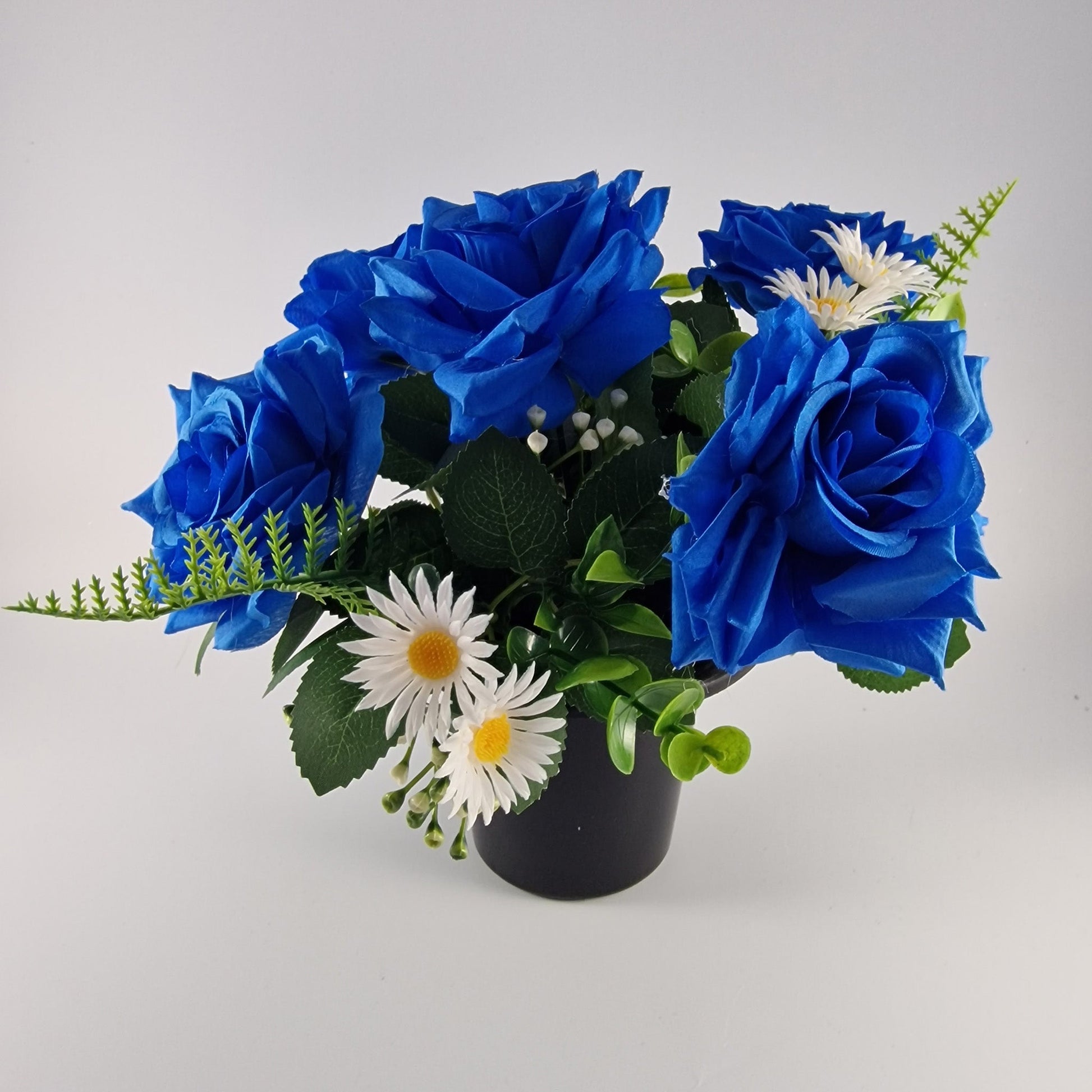 Memorial Grave Cemetery Pot with Blue Roses, Daisies and Foliage - Amor Flowers