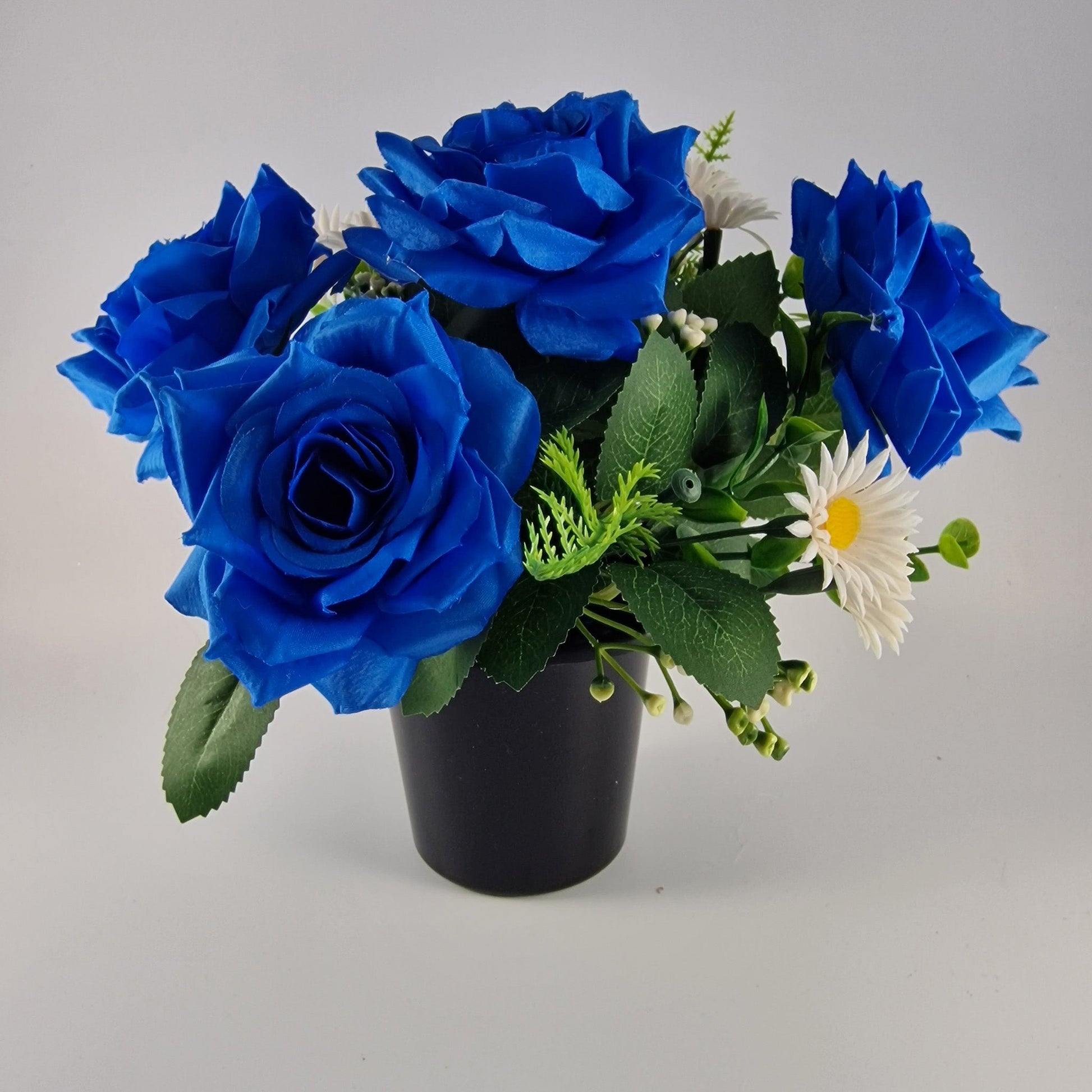 Memorial Grave Cemetery Pot with Blue Roses, Daisies and Foliage - Amor Flowers